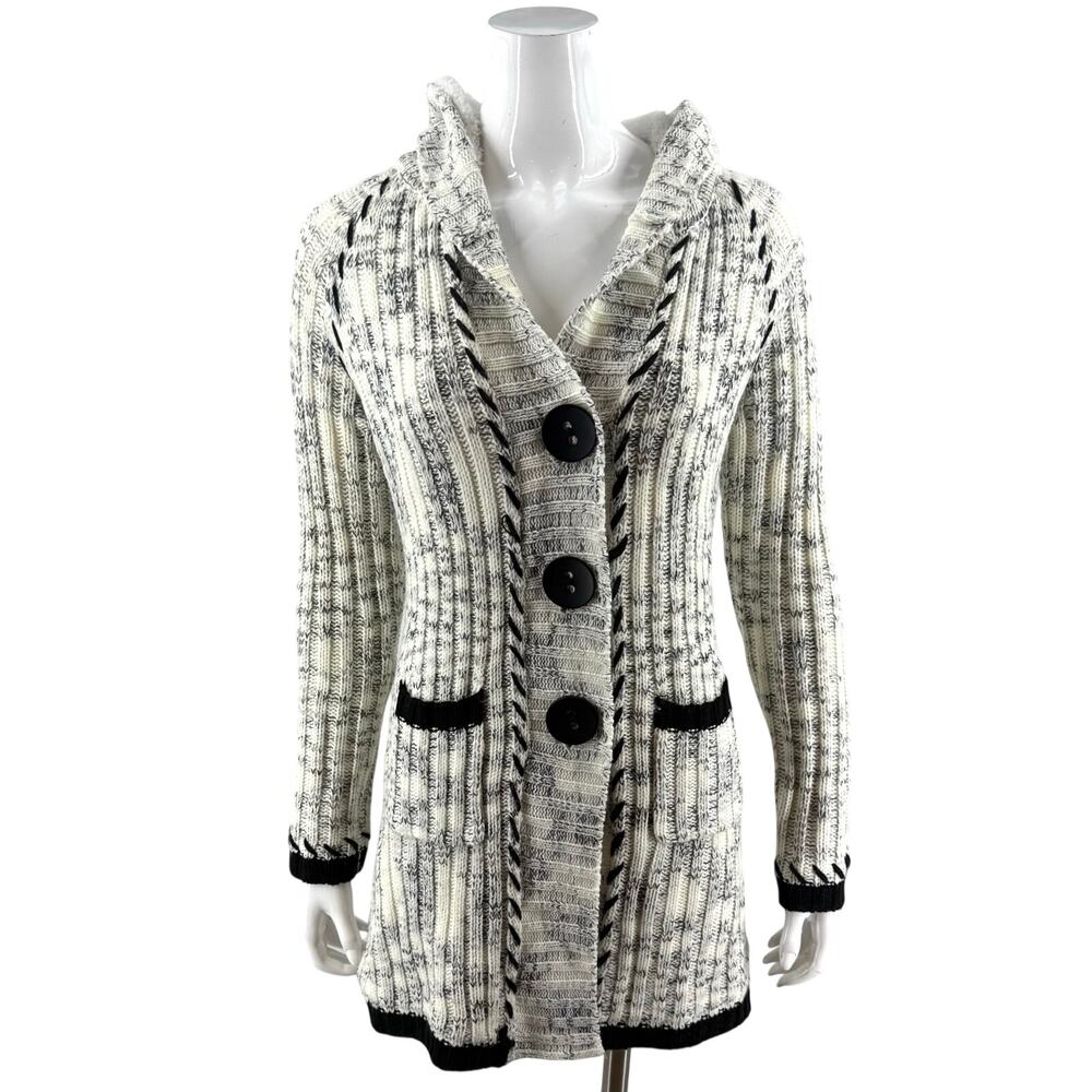 Papillon Womens Cardigan Sweater Duster Size M Black White Marled Fleece Lined